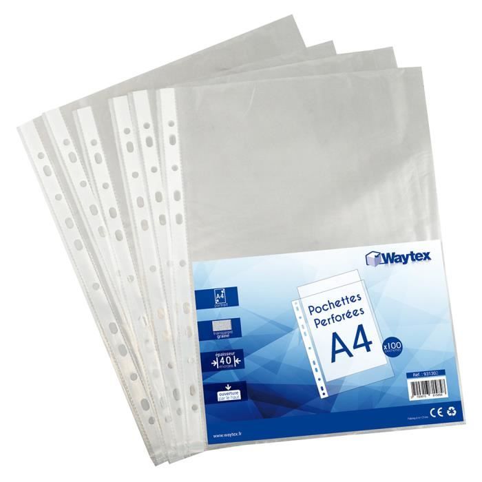 Pochette transparente perforée avec rabat de fermeture - A4 - 0,12 mm - 100  pochettes