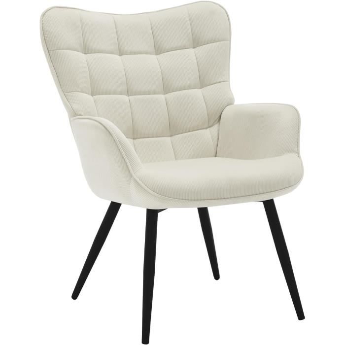 WOLTU Fauteuil à Oreilles Fauteuil Relax Fauteuil de Salon Rembourré en Velours Côtelé Pieds Métalliques Crème Blanc W0ATT0276
