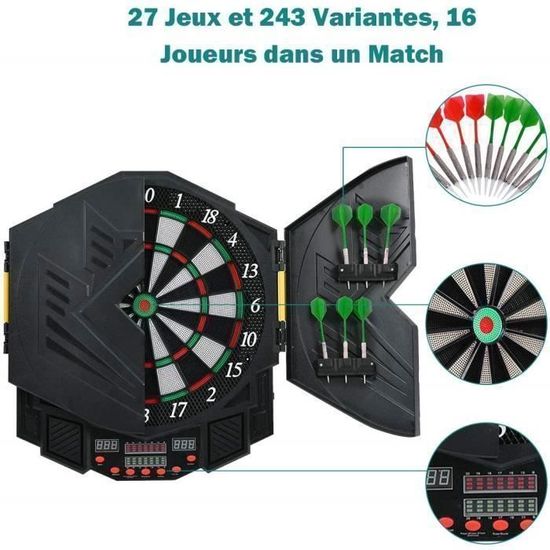 Cible Fléchettes Électronique - 27 Jeux, 243 Variantes, Ecran LED, Annonce Vocale, 16 Joueurs, Fixation Murale