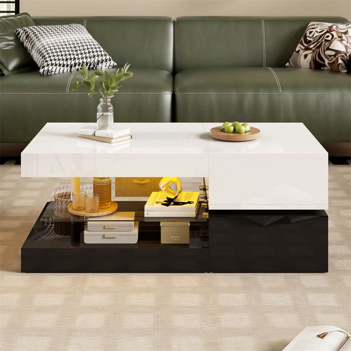 Table Basse Moderne OKMYHOME Avec LED Et Contrôle APP/Bluetooth - 90x45x35.5cm, Laquée Brillant Blanc/noir, 16 Couleurs, étagère, Charge 35kg