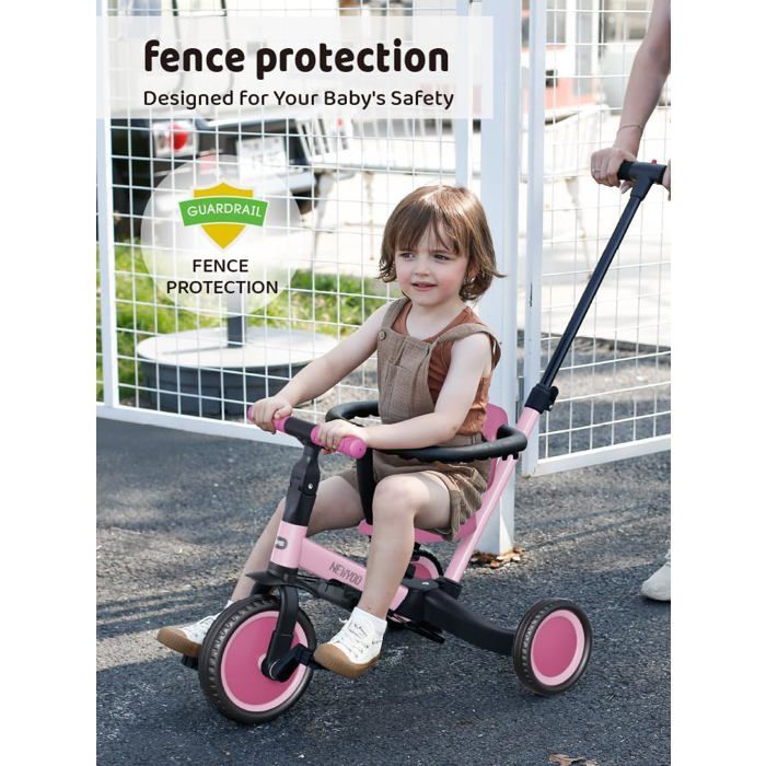 Newyoo Tricycle 5-en-1 Pour Enfants De 1 à 3 Ans : Poussette, Vélo Sans Pédales, Guidon Réglable, Barres De Sécurité, Modèle TR007 Blanc