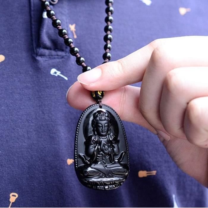 Collier Pendentif Bouddha En Obsidienne Noire - Amulette Porte-bonheur Choker