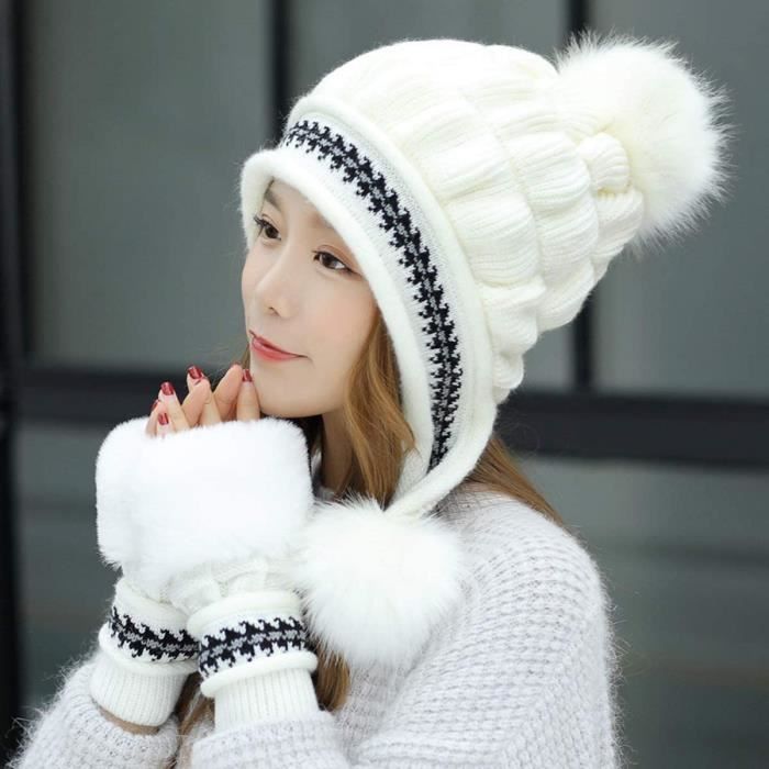 Bonnet, écharpe et gants - Ensemble bonnet d'hiver pour femme - Bonnet  chaud - Masque de protection et bonnet tricoté - Combinaison deux pièces 