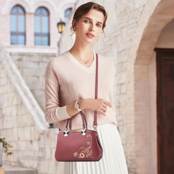 Sac à Main Femme Bandoulière Motif Fleurs - Cuir Synthétique Marron - Taille Moyenne - Neuf Avec Étiquettes