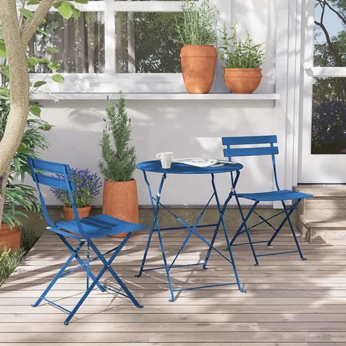 Salon de Jardin Bistro Pliable - HUOLE - Table Ronde Ø 60 cm avec 2 chaises  Pliantes - bleu foncé - Cdiscount Jardin