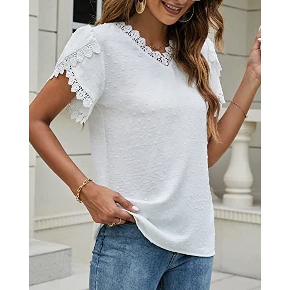 Tunique Femme Ete Manches Courtes Col en V Haut Crochet Dentelle Chemise Blanc Cdiscount Boutique Erotique
