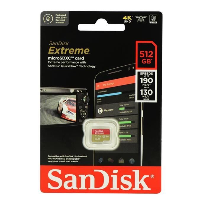 Micro SD SDXC SanDisk Extreme 512 Go Carte Memoire microSDXC A2 vitesse lecture 190 s ecriture130Mo s Classe 10 U3 V3 Cdiscount Appareil Photo