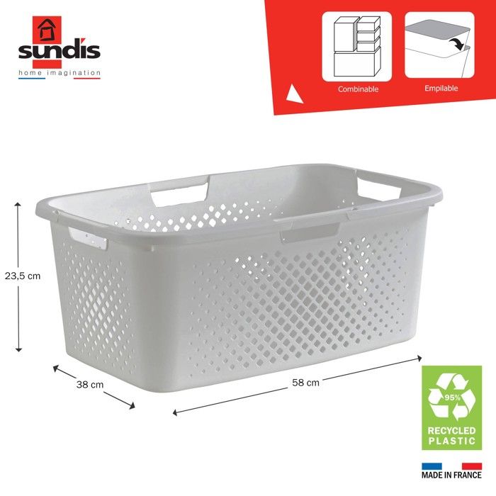 SUNDIS Panier à linge Pixel - 40 L - Blanc - Maison