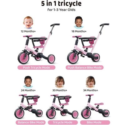 newyoo Tricycle draisienne 5 en 1, Tricycle de 1 à 3 Ans, Tricycle pour Enfants avec Barre de poussée, vélo pour Enfants, draisiennes, Guidon, Barres de sécurité, TR007, Blanc