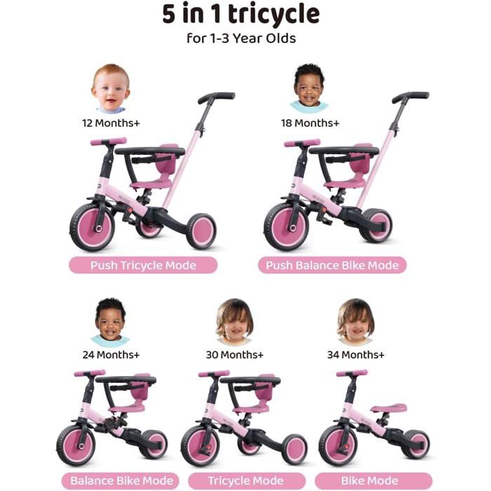 Tricycle évolutif 5 En 1 Newyoo – De 1 à 3 Ans Avec Barre De Poussée, Guidon, Siège Réglable – Rose Foncé