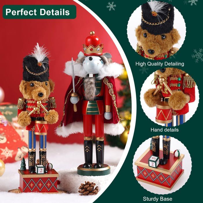 2 Casse-Noisettes De Noël En Bois 28 Cm | Soldat Tambour Ourson + Roi Rat Escrimeur | Décoration Intérieure | Excellents Cadeaux De Fêtes