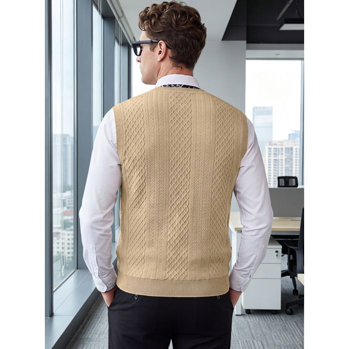 Gilet Sans Manches Homme En Tricot Jacquard Jaune - Coupe Slim Fit, Automne/hiver - 2
