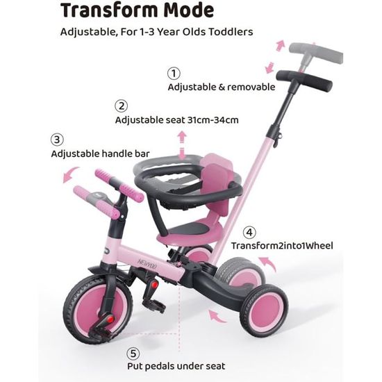 newyoo TR008 Tricycle 5 en 1 pour enfants à partir de 1 à 3 ans, avec barre de poussée, vélo pour enfant, avec guidon, barre de sécurité, gris foncé