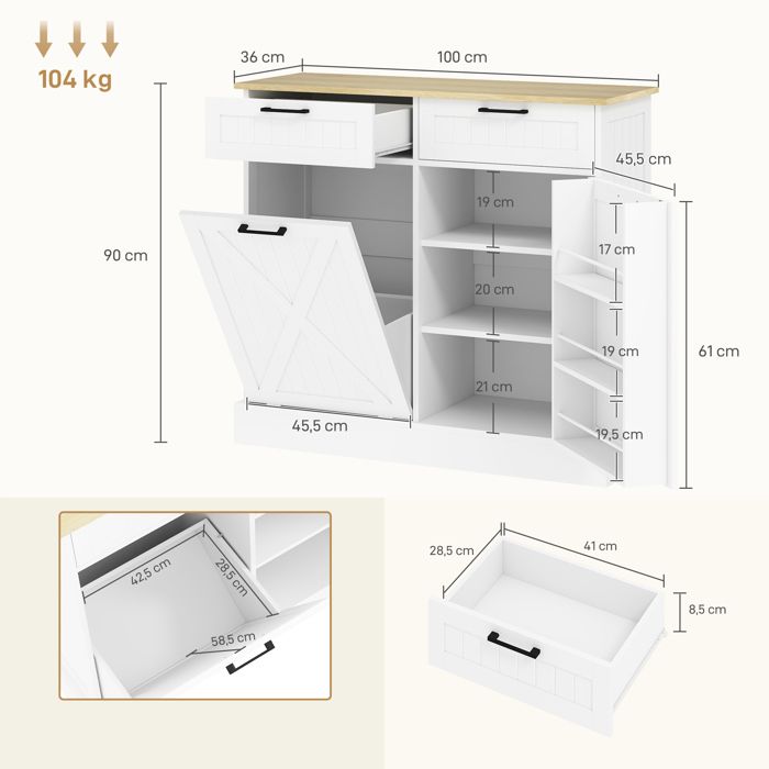 Buffet De Cuisine HOMCOM Avec Poubelle Intégrée 38L - 2 Tiroirs, étagères à épices, Plan De Travail, Blanc 100x36x90 Cm