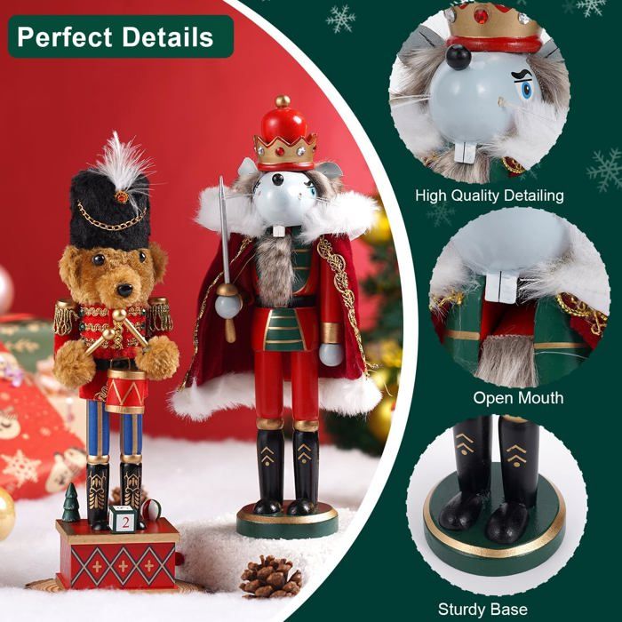 2PCS Casse-Noisette Noël En Bois - Figurine Soldat Tambour Et Roi Rat - Décoration Festive 28cm Avec Mécanisme D'Ouverture De Bouche