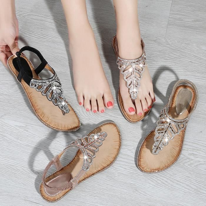 Sandales Bohème Femme – Argenté Avec Strass, Semelle Plate, élastiques Pour Plage Et été