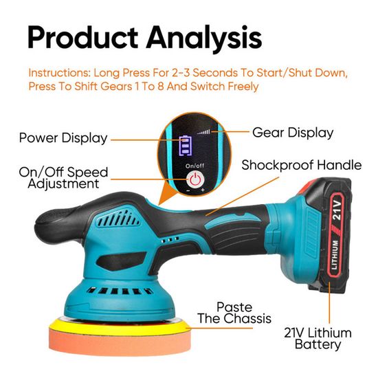 GEARLASSO Polisseuse Sans Fil Voiture 8 Vitesses 2800-6000 Tr/min - 2 Batteries 21V 2Ah + Kit 17 Pièces