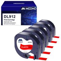 5x MOOHO Compatible pour Dymo LetraTag Ruban Plastique 91203, 12mm x 4 m,pour Dymo LetraTag LT-100H,  Noir sur rouge