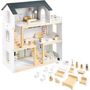 MAISON POUPÉE Mamabrum Maison de Poupées en Bois avec Grande Terrasse 4 Figurines, 3 Etages, 2 Chambres, Cuisine, Salon & 19 Pièces Mobiles (CE)