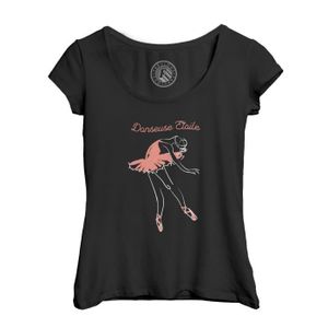 T-SHIRT T-shirt Femme Col Echancré Noir Danseuse Etoile Illustration Ballet Dessin