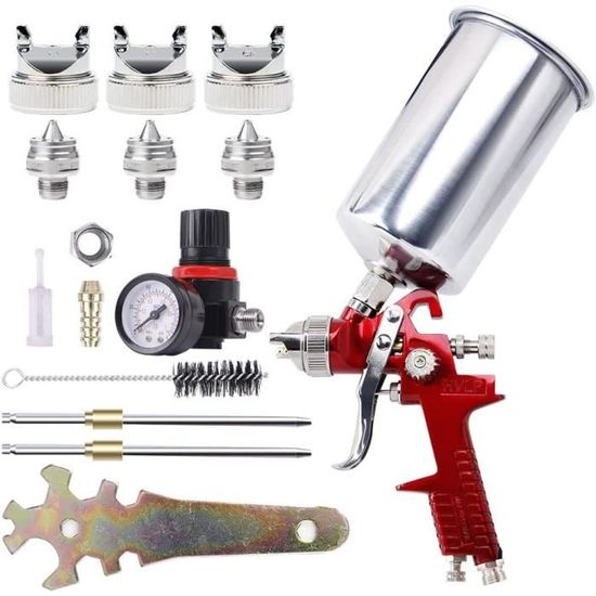 Pistolet à Peinture HVLP à Alimentation Par Gravité Asixxsix - Avec Buses 1.4mm, 1.7mm, 2.0mm, Manomètre