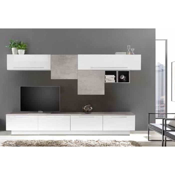 LUDOVICA 15 LAQUE BLANC ET BETON ENSEMBLE COMPOSITION MURALE MEUBLE TV TENDANCE
