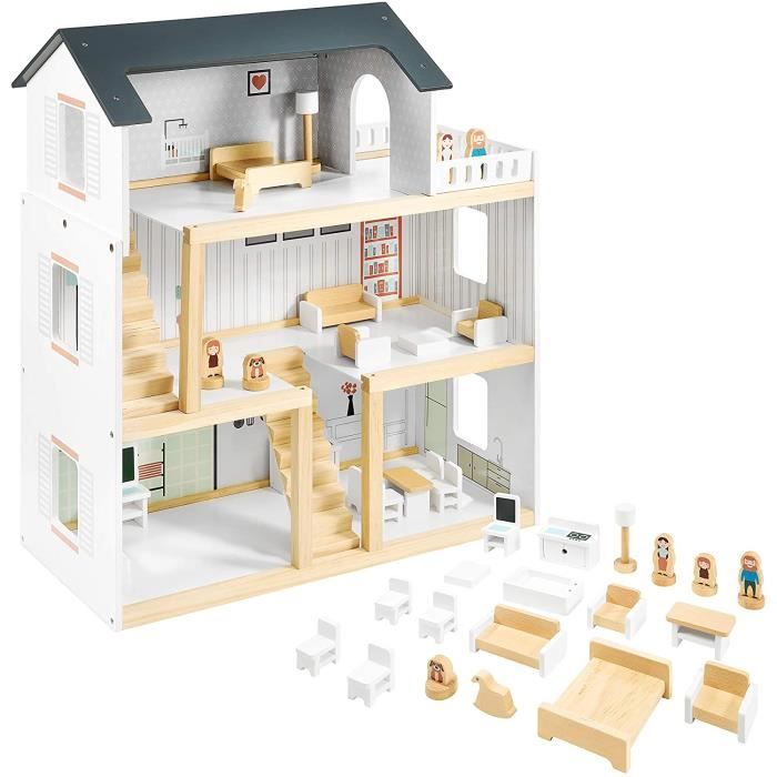 Mamabrum Maison de Poupées en Bois avec Grande Terrasse 4 Figurines, 3 Etages, 2 Chambres, Cuisine, Salon & 19 Pièces Mobiles (CE)