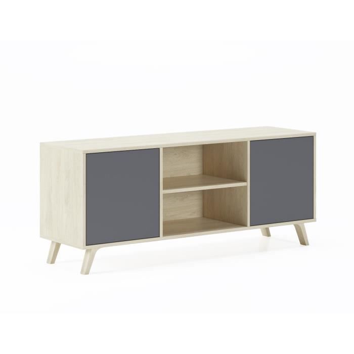 Meuble TV 140 avec 2 portes, salon, modèle WIND, couleur structure Puccini, portes couleur Gris Anthracite, mesure 140x40x57cm