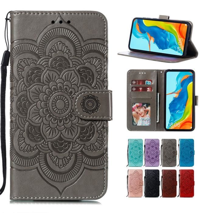 Étui Xiaomi Redmi 7, Portefeuille Mandala Fleur Dragonne Housse à Cartes en Cuir Élégante Antichoc, Gris