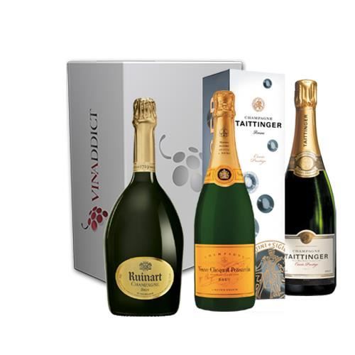 Vinaddict - Coffret Cadeau Champagne Prestige5-3 Bouteilles 75Cl - R de Ruinart, Veuve Clicquot, Taittinger.