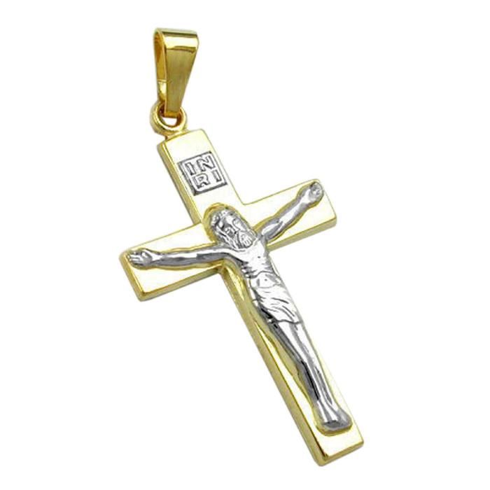 Pendentif 27x16mm croix avec Jésus bicolore OR 9K brillant