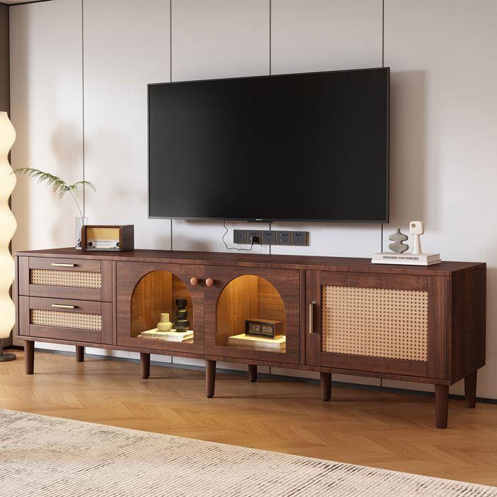 Meuble TV Moderne 180×40×50 cm - 2 Tiroirs en Rotin - 2 Portes Vitrées - LED - Bois - Marron