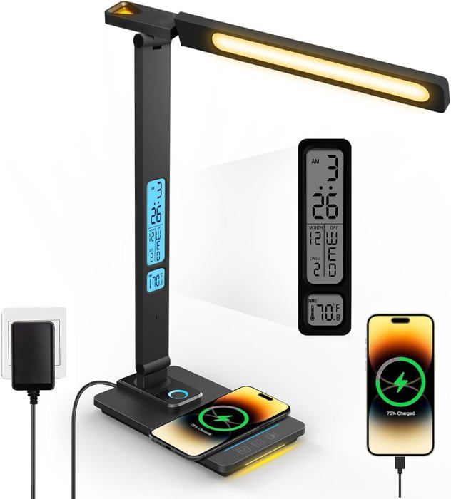 Lampe De Bureau Led Dimmable Avec Tactile Fonction - Veilleuses Horloge Pliable Avec Chargeur Sans Fil 10W Port USB 5 Couleurs