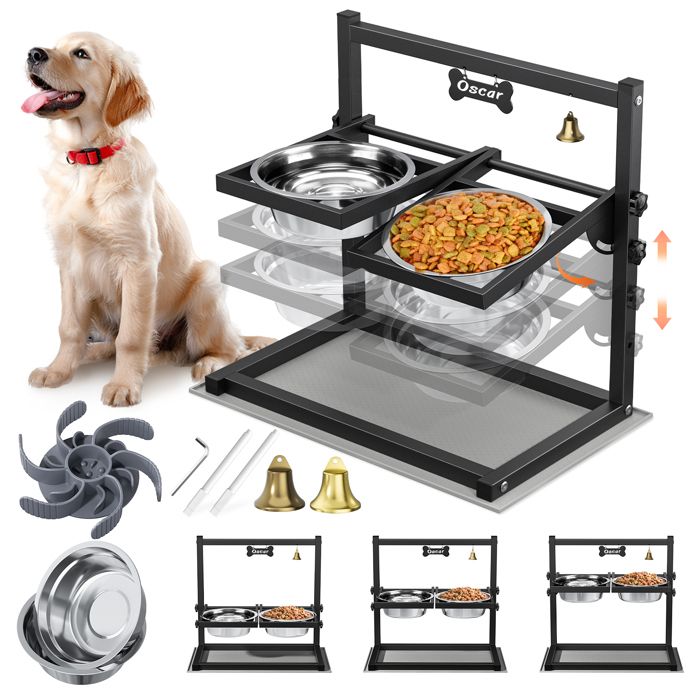 Comparer les prix de Gamelle Chien Surélevées de 3 Hauteurs Ajustables et Inclinaison de 0-90°,2 gamelles en Acier Inoxydable et Tapis