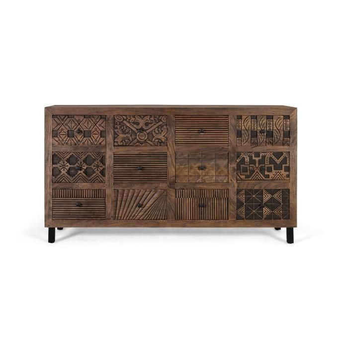 Buffet bas en bois de manguier - 160 cm - Finition naturelle - Motifs sculptés - Tiroirs et porte