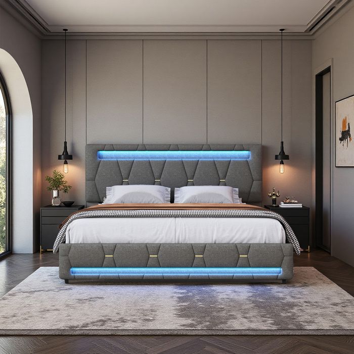 Lit 160x200 cm - COZY - Tissu en lin gris - LED intégrée - 2 tiroirs de rangement