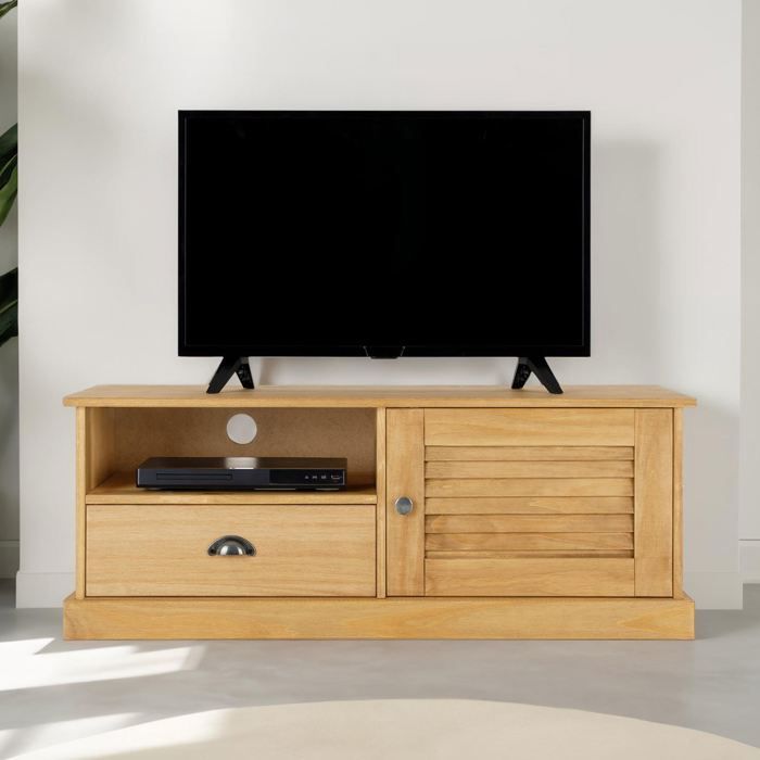 Meuble TV VENETA L 106 cm en bois massif coloris naturel avec 1 porte battante et 1 tiroir Meuble TV VENETA L 106 cm en bois massif coloris naturel avec 1 porte battante et 1 tiroir