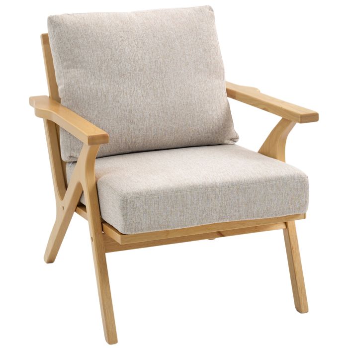 Fauteuil salon - HOMCOM - coussins rembourrée et pieds en bois dhévéa - tissu effet lin - 76x87x88cm - beige