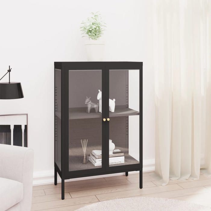 SOLO - Vitrine pour Salon - JILLES - Buffet Noir 75x35x105 cm Acier et verre FT2973653