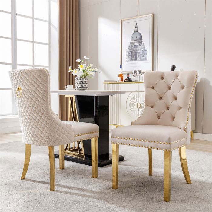 Chaises de Salle à Manger Lot de 2 Pieds en Métal doré Dossier à Ailes piquetage à Boutons Garniture rivetée Velours Beige
