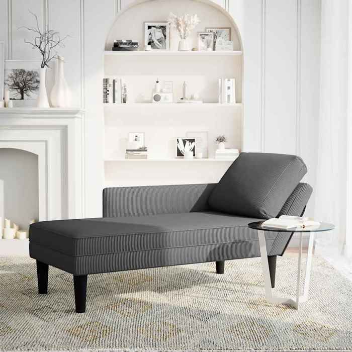 “Winter SaleTOP Fauteuil long Gris - Chaise longue avec coussin gris foncé tissu en velours côtelé PRO32621