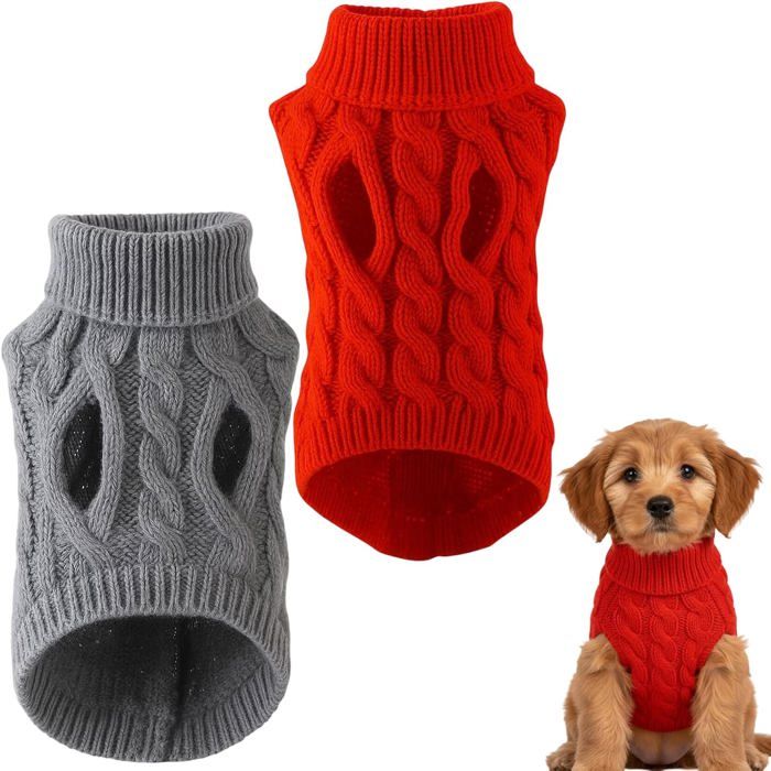 Vêtements pour animaux - Lot de 2 - Pulls pour chiens - Pulls dhiver chauds pour petits chiens - Maille torsadée unie