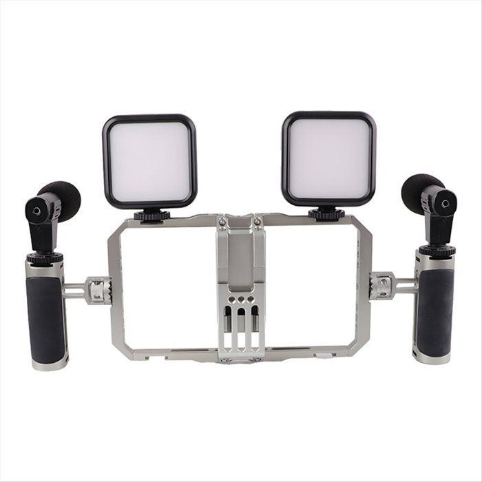 Stabilisateur Portatif pour Téléphone Portable avec Microphone Extensible Éclairage DAppoint et Cadre de Protection