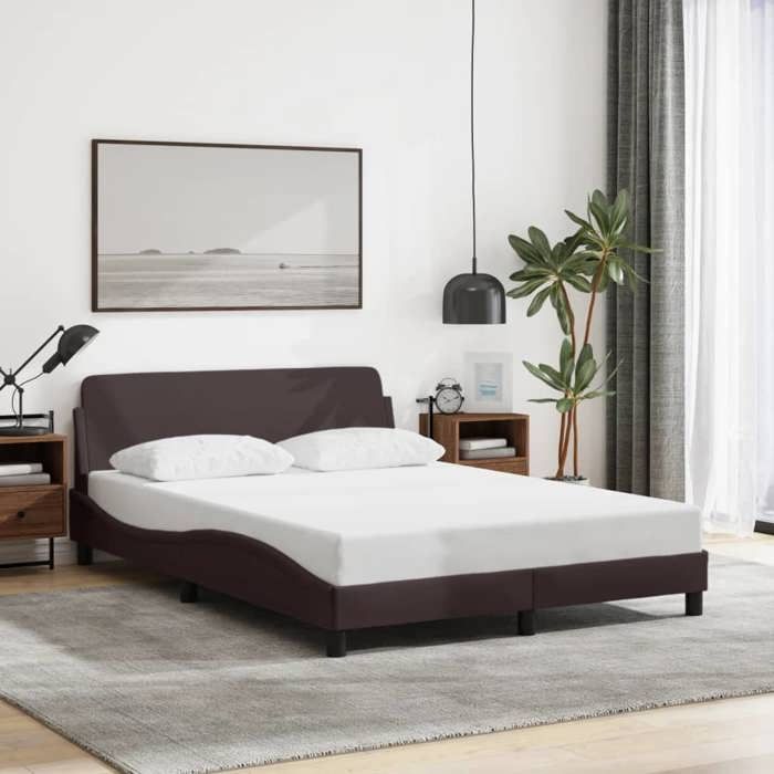 Structure de lit tissu - UU - Dover - 140x190 cm - Marron foncé - Tissu polyester - Pin massif - Contreplaqué