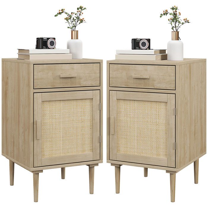 Lot de 2 tables de chevet HOMCOM avec placard et étagère porte rotin tissé + 1 tiroir design bohème - 40 x 40 x 68 5 cm naturel Lot de 2 tables de chevet HOMCOM avec placard et étagère porte rotin tissé + 1 tiroir design bohème - 40 x 40 x 68 5 cm naturel