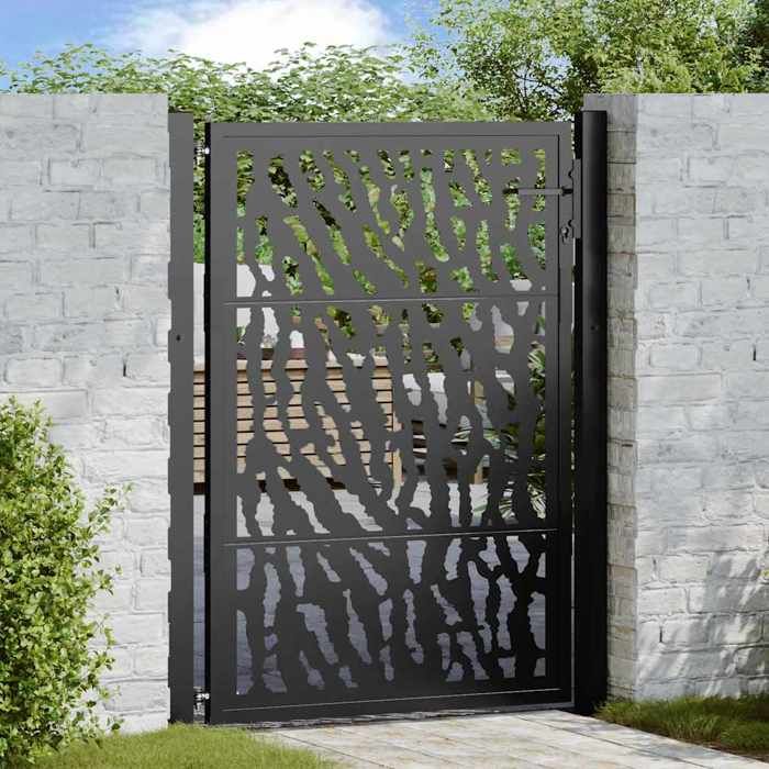 Portail de jardin en acier - Happiness - 100x125 cm - Noir - Motif de traces - Acier Corten - Verrouillable avec 3 clés