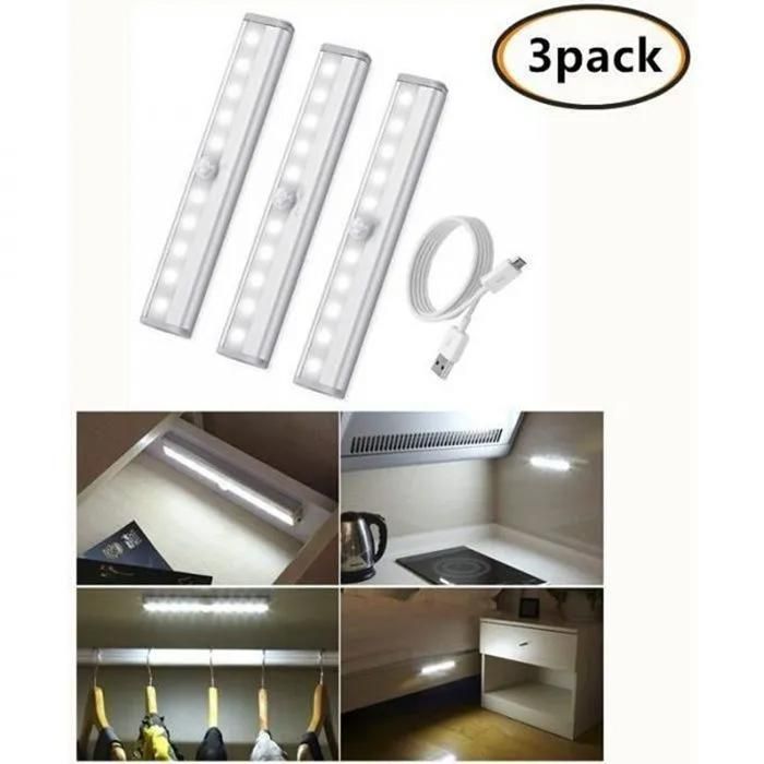 Lampe Détecteur de Mouvement - 3pcs - USB Rechargeable - 10 LED - Blanc
