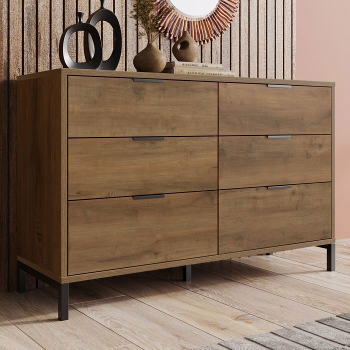 Commode 6 Tiroirs - Style Industriel - Effet Chêne Foncé avec Pieds Métal Noir - pour Chambre et Salon - 76 x 120 x 40 cm