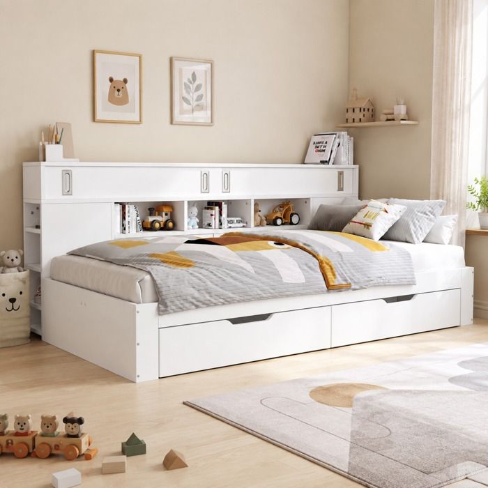 Lit enfant multifonctionnel 90 x 190 cm blanc en MDF avec sommier à lattes tiroirs et rangements