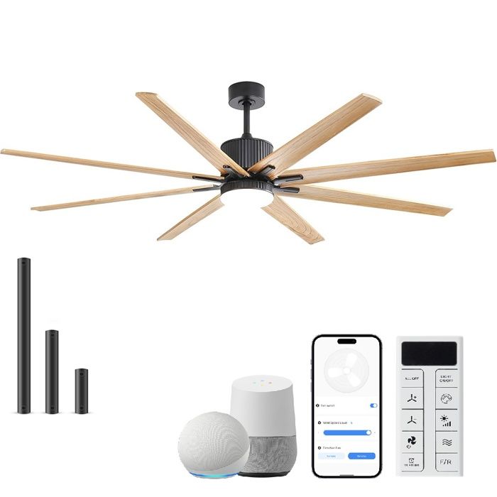 Ventilateur de plafond 193 cm avec 8 pales commande application LED 3 couleurs en bois noir et couleur naturelle - Modenuit